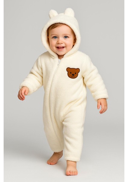 Bebek Peluş Tulum Çapraz Fermuarlı Ayıcık Figürlü Kapüşonlu Tulum