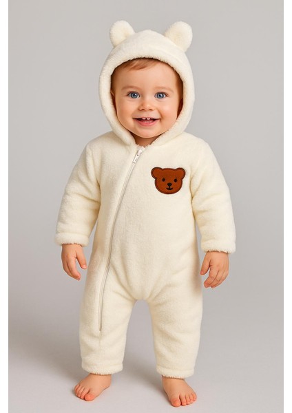 Bebek Peluş Tulum Çapraz Fermuarlı Ayıcık Figürlü Kapüşonlu Tulum indirimleri