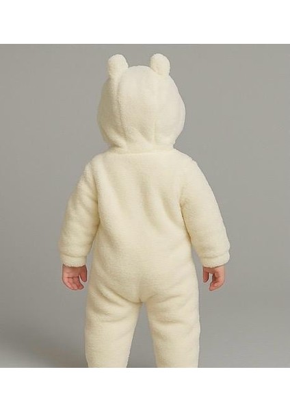 Bebek Peluş Tulum Çapraz Fermuarlı Ayıcık Figürlü Kapüşonlu Tulum