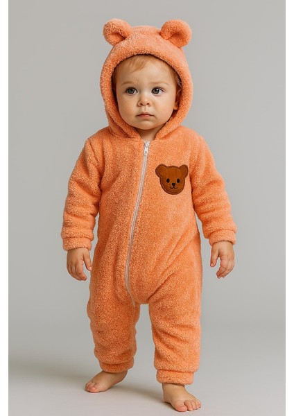 Bebek Peluş Tulum Çapraz Fermuarlı Ayıcık Figürlü Kapüşonlu Tulum