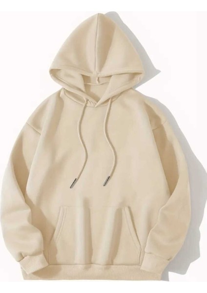 Çiçek Sulu Boyalı Arkası Baskılı Kapüşonlu Cepli Içi Yünlü Bej Sweatshirt fiyatları