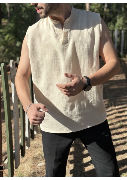 Sıfır Kol Hakim Yaka Bej Müslin Kumaş Yazlık Erkek T-Shirt fiyatları