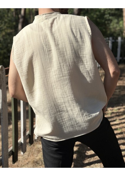 Sıfır Kol Hakim Yaka Bej Müslin Kumaş Yazlık Erkek T-Shirt modelleri