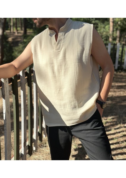 Sıfır Kol Hakim Yaka Bej Müslin Kumaş Yazlık Erkek T-Shirt fırsatları