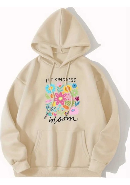 Let Kindness Baskılı Kapüşonlu Cepli Pamuklu Bej Sweatshirt