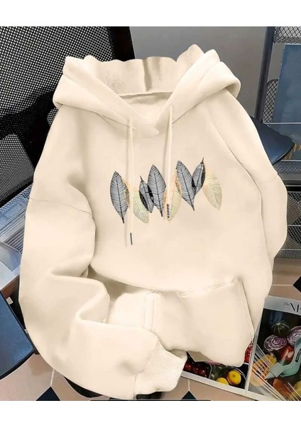 Palmiye Yaprağı Baskılı Kapüşonlu Cepli Pamuklu Bej Sweatshirt