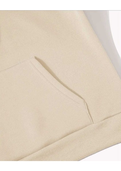 Palmiye Yaprağı Baskılı Kapüşonlu Cepli Pamuklu Bej Sweatshirt indirimleri