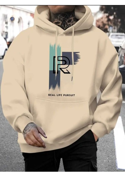 Real Life Pursuit Baskılı Kapüşonlu Cepli Pamuklu Bej Sweatshirt