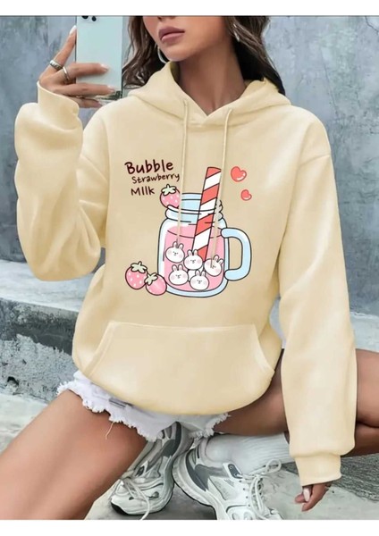 Bubble Milk Baskılı Kapüşonlu Cepli Içi Yünlü Bej Sweatshirt