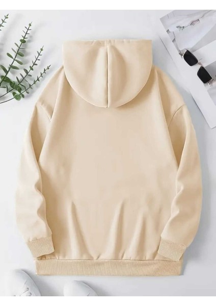Bubble Milk Baskılı Kapüşonlu Cepli Içi Yünlü Bej Sweatshirt fiyatları