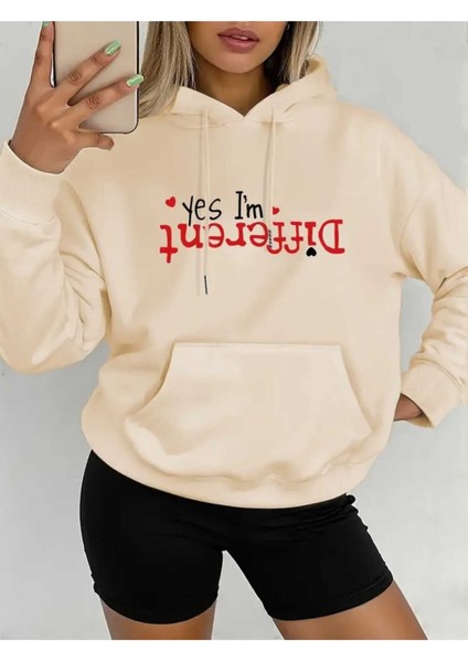 I'm Different Baskılı Kapüşonlu Cepli Pamuklu Bej Sweatshirt