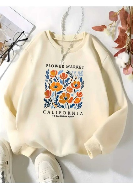 Flower Market Baskılı Bisiklet Yaka Bej Sweatshirt