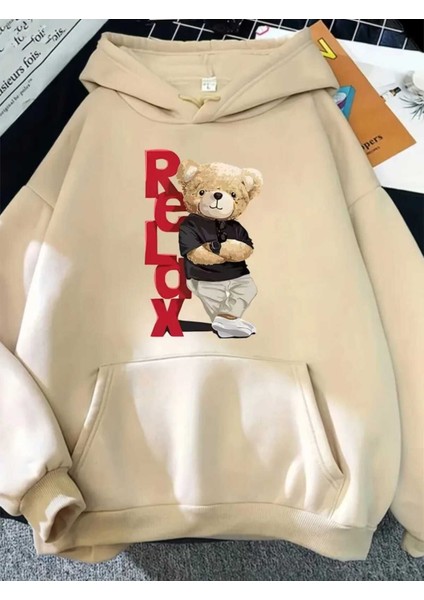 Bear Relax Baskılı Kapüşonlu Cepli Pamuklu Bej Sweatshirt