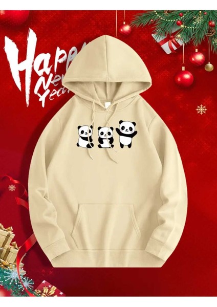 Sevimli Pandalar Ön ve Arkası Baskılı Kapüşonlu Cepli Içi Yünlü Bej Sweatshirt