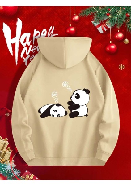 Sevimli Pandalar Ön ve Arkası Baskılı Kapüşonlu Cepli Içi Yünlü Bej Sweatshirt fiyatları