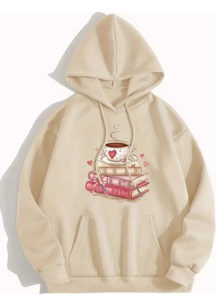 Coffee & Books Baskılı Kapüşonlu Cepli Pamuklu Bej Sweatshirt