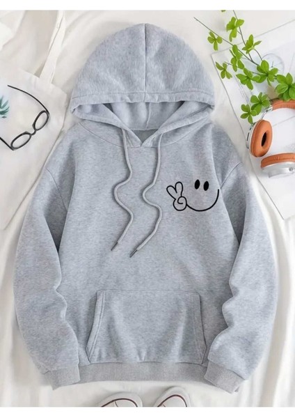 Gülümseyen Yüz Göğüs Baskılı Kapüşonlu Cepli Içi Yünlü Gri Sweatshirt