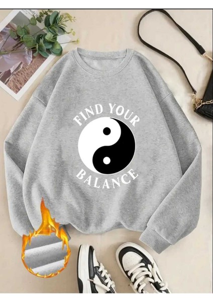 Find Your Balance Baskılı Bisiklet Yaka Gri Sweatshirt