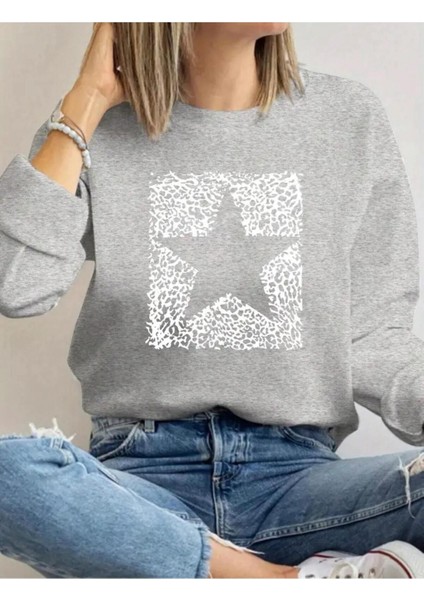 Beyaz Yıldız Baskılı Bisiklet Yaka Gri Sweatshirt