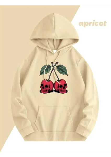 Kurukafa Vişne Baskılı Kapüşonlu Cepli Içi Yünlü Bej Sweatshirt