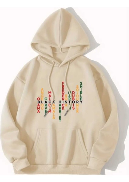 Black History Baskılı Kapüşonlu Cepli Içi Yünlü Bej Sweatshirt