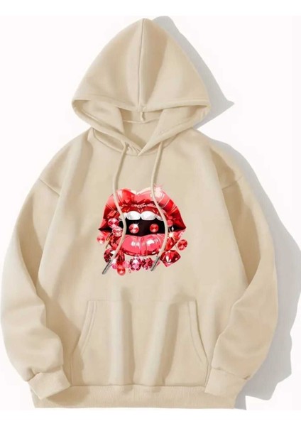 Elmaslı Dudak Baskılı Kapüşonlu Cepli Pamuklu Bej Sweatshirt