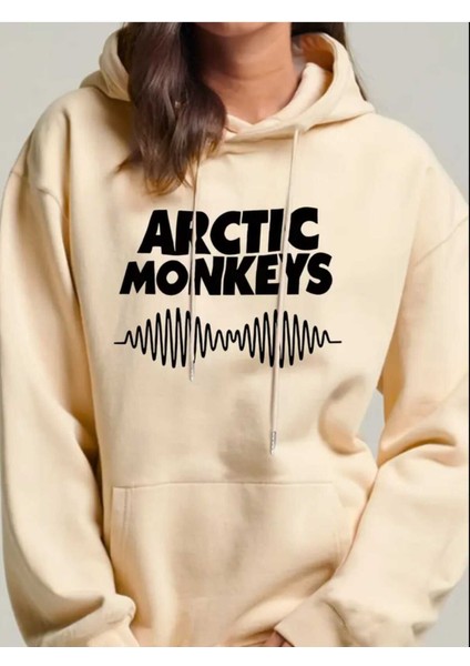 Artric Monkeys Baskılı Kapüşonlu Cepli Içi Yünlü Bej Sweatshirt