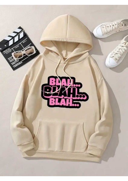 Blah Blah Blah Baskılı Kapüşonlu Cepli Içi Yünlü Bej Sweatshirt