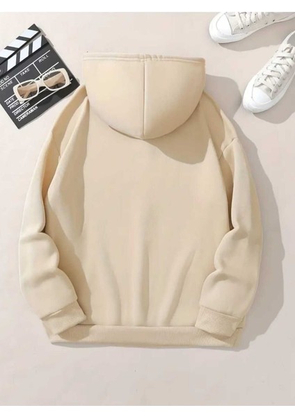 Blah Blah Blah Baskılı Kapüşonlu Cepli Içi Yünlü Bej Sweatshirt fiyatları