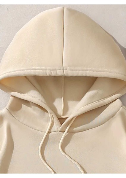 Blah Blah Blah Baskılı Kapüşonlu Cepli Içi Yünlü Bej Sweatshirt modelleri