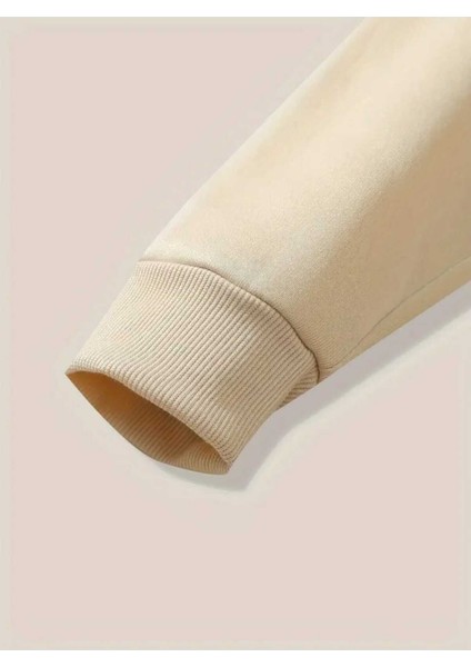 Blah Blah Blah Baskılı Kapüşonlu Cepli Içi Yünlü Bej Sweatshirt fırsatları