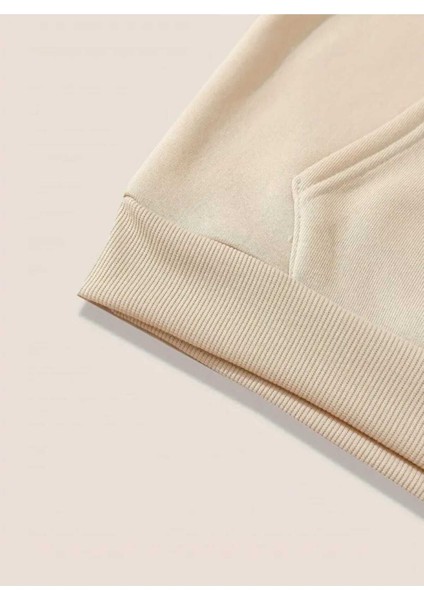 Blah Blah Blah Baskılı Kapüşonlu Cepli Içi Yünlü Bej Sweatshirt indirimleri