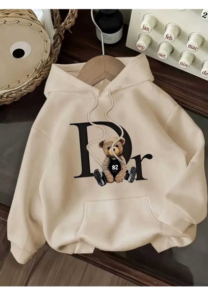 Dior Ayı Baskılı Kapüşonlu Cepli Içi Yünlü Bej Sweatshirt