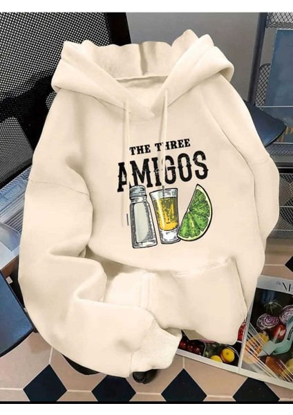 The Three Amigos Baskılı Kapüşonlu Cepli Pamuklu Bej Sweatshirt