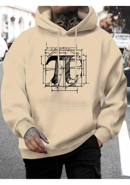 Pi Sayısı Baskılı Kapüşonlu Cepli Pamuklu Bej Sweatshirt