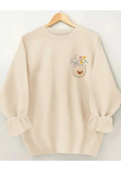 Çiçekli Cep Göğüs Baskılı Bisisklet Yaka Bej Sweatshirt
