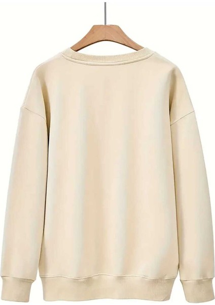 Çiçekli Cep Göğüs Baskılı Bisisklet Yaka Bej Sweatshirt fiyatları