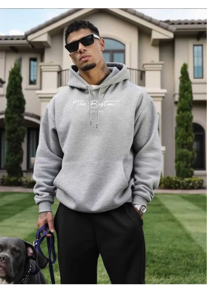 The Boston Est Baskılı Kapüşonlu Cepli Içi Yünlü Gri Sweatshirt