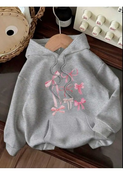 Yedili Kurdele Baskılı Kapüşonlu Cepli Pamuklu Gri Sweatshirt