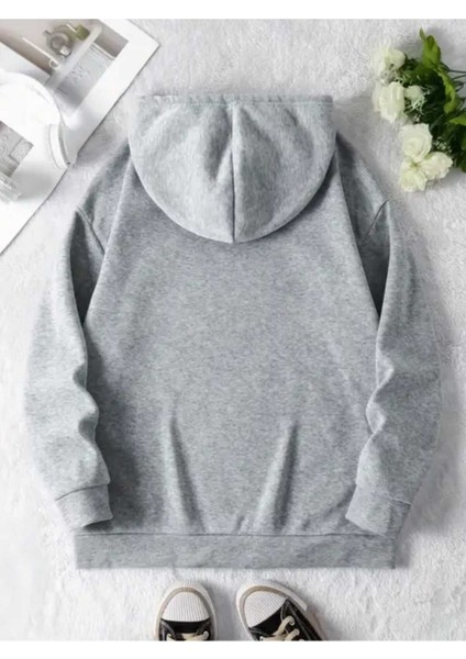 Yedili Kurdele Baskılı Kapüşonlu Cepli Pamuklu Gri Sweatshirt fiyatları