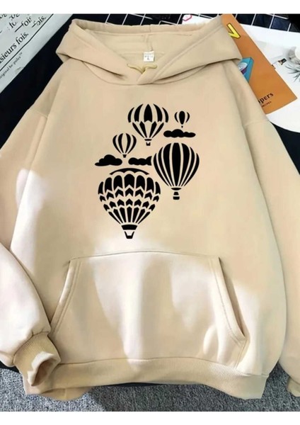 Uçan Balon Baskılı Kapüşonlu Cepli Içi Yünlü Bej Sweatshirt
