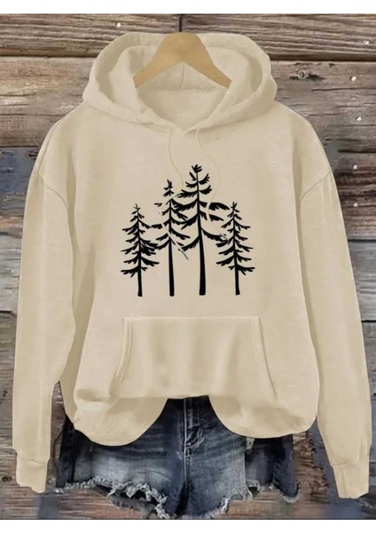 Dört Ağaç Baskılı Kapüşonlu Cepli Içi Yünlü Bej Sweatshirt