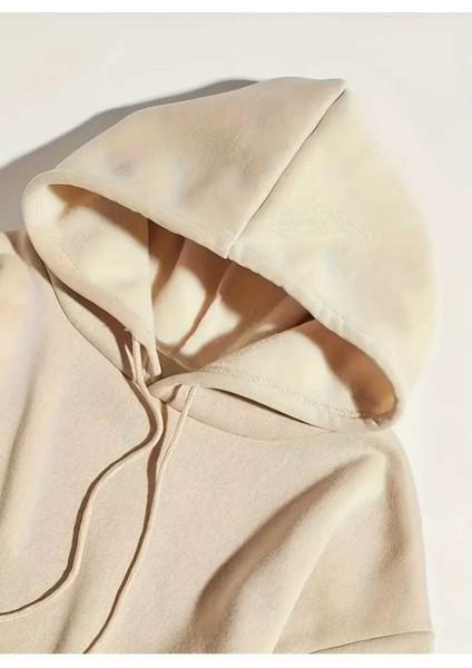 Dört Ağaç Baskılı Kapüşonlu Cepli Içi Yünlü Bej Sweatshirt modelleri