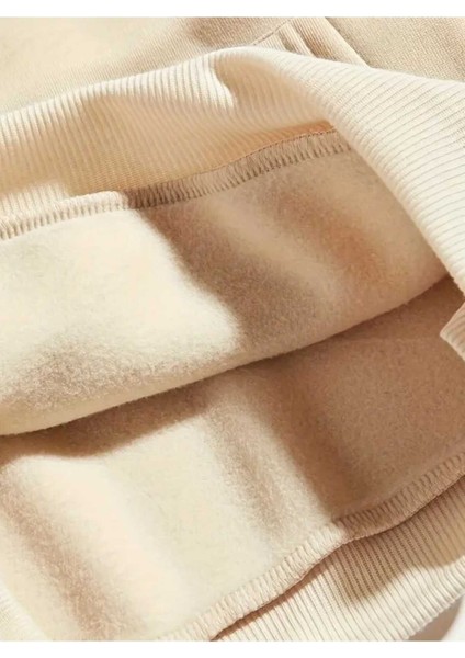 Dört Ağaç Baskılı Kapüşonlu Cepli Içi Yünlü Bej Sweatshirt indirimleri