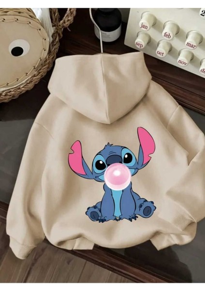 Stitch Arka Baskılı Kapüşonlu Cepli Içi Yünlü Bej Sweatshirt