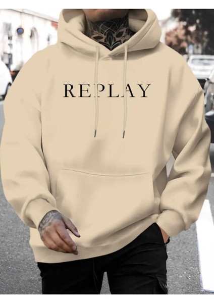 Replay Baskılı Kapüşonlu Cepli Pamuklu Bej Sweatshirt