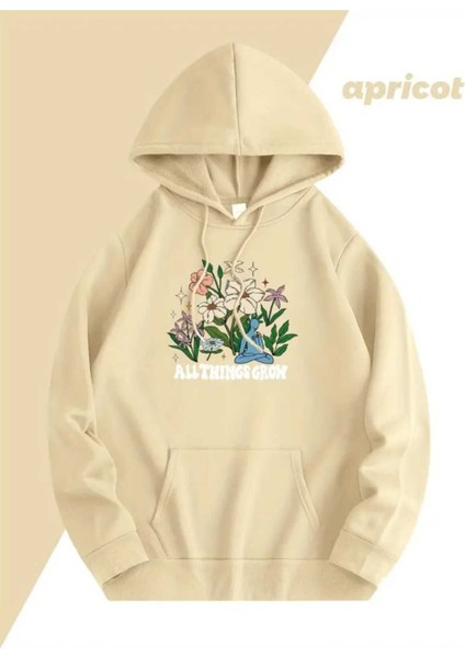 All Things Grow Baskılı Kapüşonlu Cepli Içi Yünlü Bej Sweatshirt