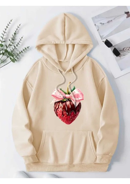 Çilek Kurdele Baskılı Kapüşonlu Cepli Içi Yünlü Bej Sweatshirt