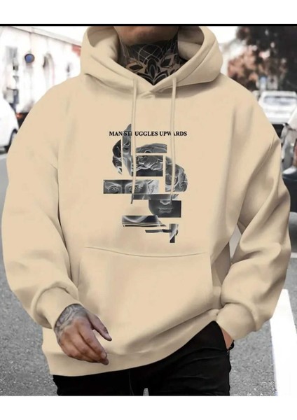 Man Struggles Baskılı Kapüşonlu Cepli Içi Yünlü Bej Sweatshirt