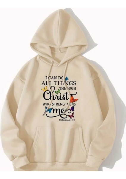 Christ Me Baskılı Kapüşonlu Cepli Içi Yünlü Bej Sweatshirt